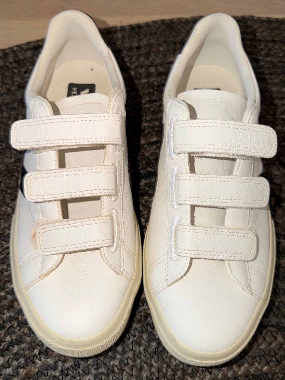 Veja White Leather Velcro Sneakers with Cream Soles